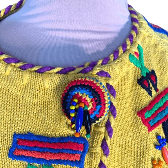 Vintage 90s Michael Simon Henri Bendel Yellow Beaded Abstract Cardigan Large - Picture 7 of 15